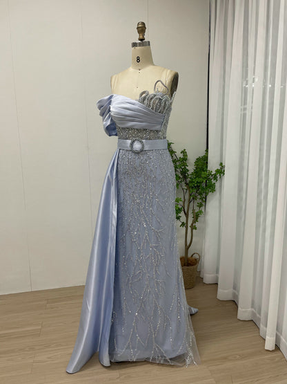 Blush Pink Asymmetrical Beaded Evening Gown with Satin Overskirt MY30109