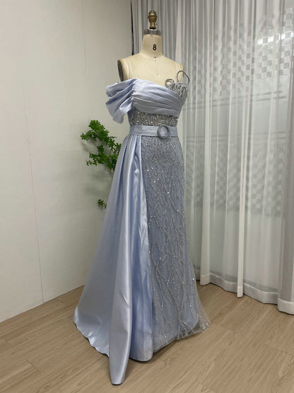 Blush Pink Asymmetrical Beaded Evening Gown with Satin Overskirt MY30109