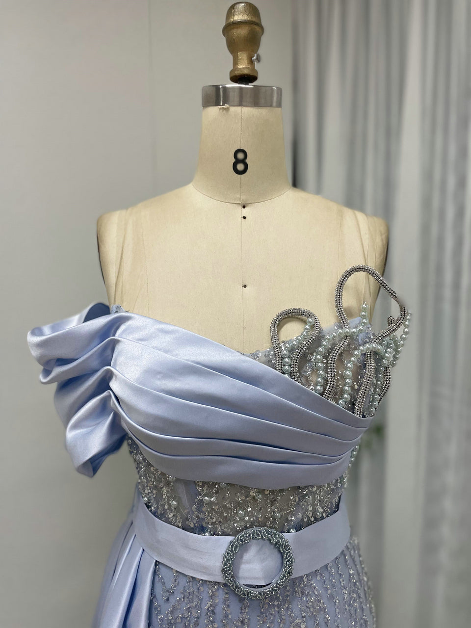 Blush Pink Asymmetrical Beaded Evening Gown with Satin Overskirt MY30109