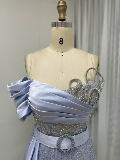 Blush Pink Asymmetrical Beaded Evening Gown with Satin Overskirt MY30109