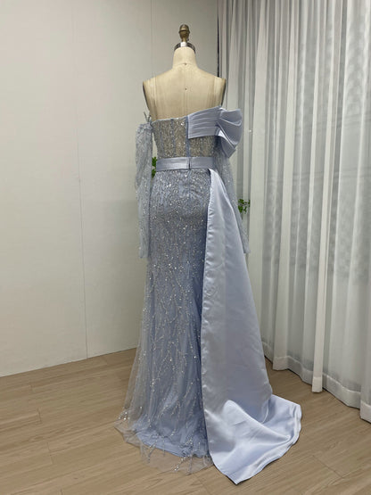 Blush Pink Asymmetrical Beaded Evening Gown with Satin Overskirt MY30109