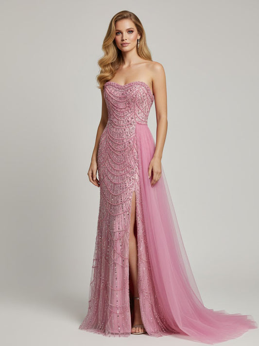 Elegant Pink Strapless Slit Prom Dress Sparkly Beaded Sweetheart Neck Mermaid MY30110-2