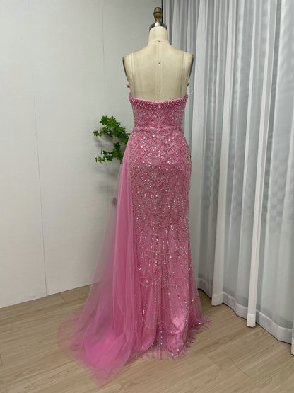 Elegant Pink Strapless Slit Prom Dress Sparkly Beaded Sweetheart Neck Mermaid MY30110-2