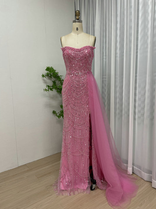 Elegant Pink Strapless Slit Prom Dress Sparkly Beaded Sweetheart Neck Mermaid MY30110-2