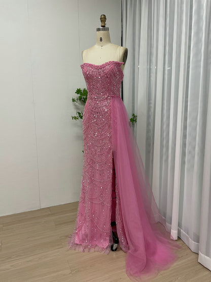Elegant Pink Strapless Slit Prom Dress Sparkly Beaded Sweetheart Neck Mermaid MY30110-2