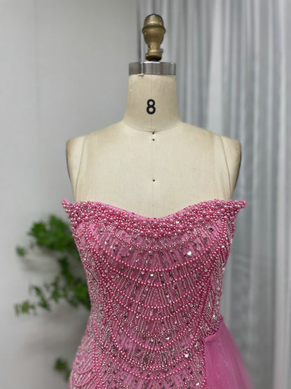 Elegant Pink Strapless Slit Prom Dress Sparkly Beaded Sweetheart Neck Mermaid MY30110-2