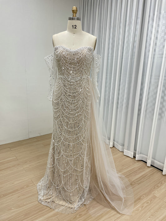 Whtie Beaded Mermaid Dress Cape Train Gala Bridal Wear MY30110-L