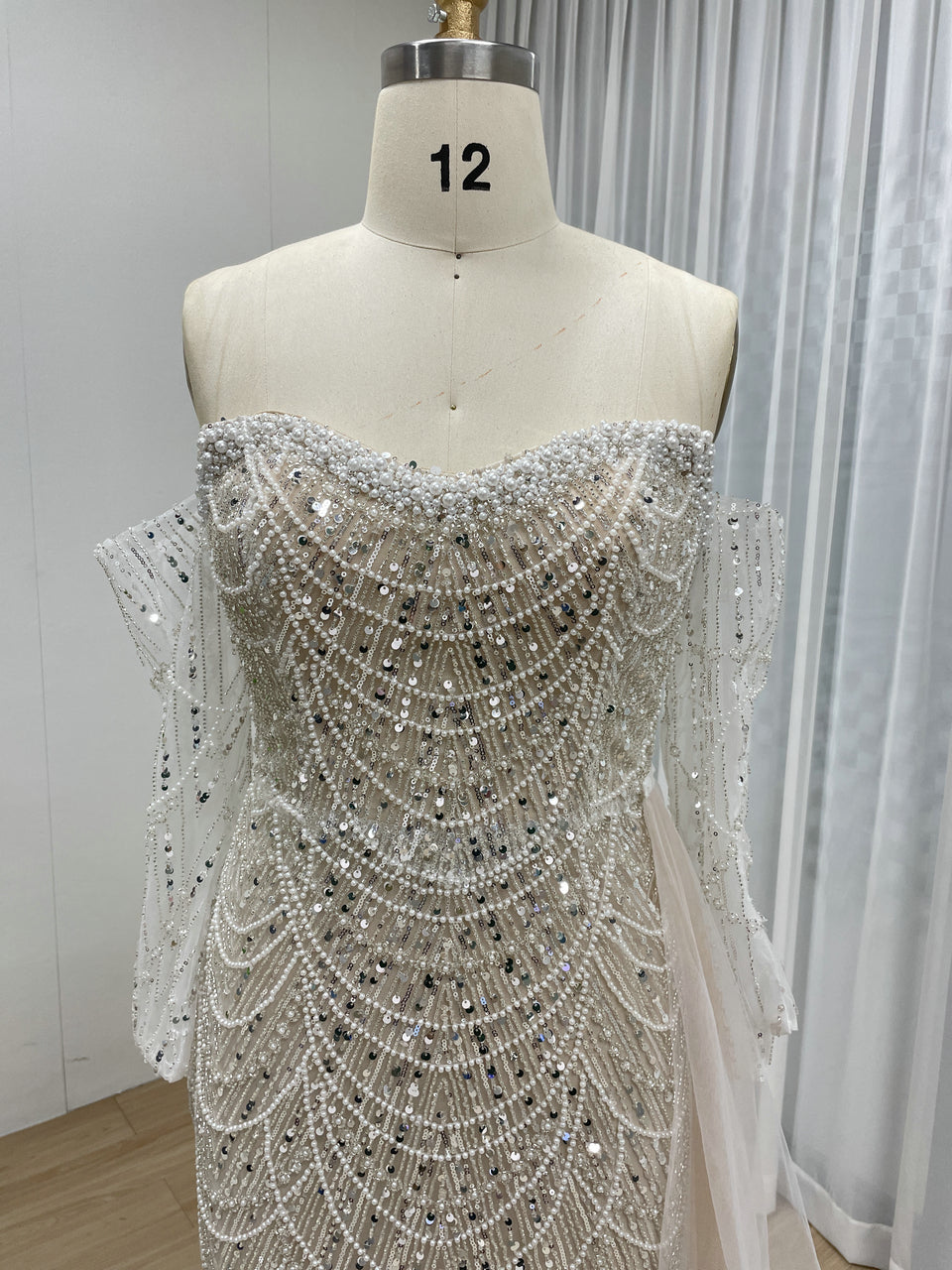 Whtie Beaded Mermaid Dress Cape Train Gala Bridal Wear MY30110-L