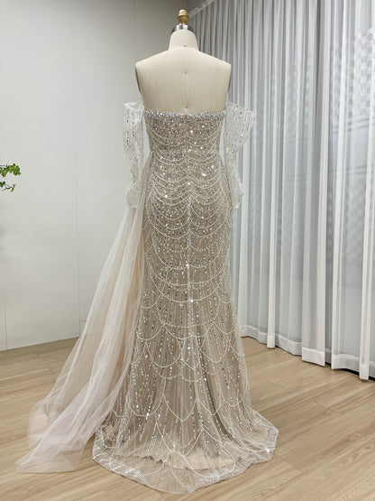 Whtie Beaded Mermaid Dress Cape Train Gala Bridal Wear MY30110-L
