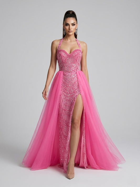 Fuchsia Crystal Embellished Pageant Gown High Slit Tulle Skirt MY30111-2
