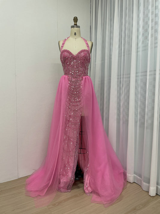 Fuscia Halter Beaded Evening Gown Tulle Train Prom Party Sparkle MY30111-2