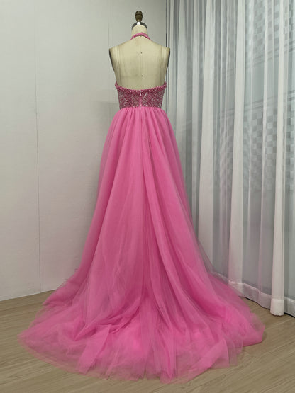 Fuscia Halter Beaded Evening Gown Tulle Train Prom Party Sparkle MY30111-2
