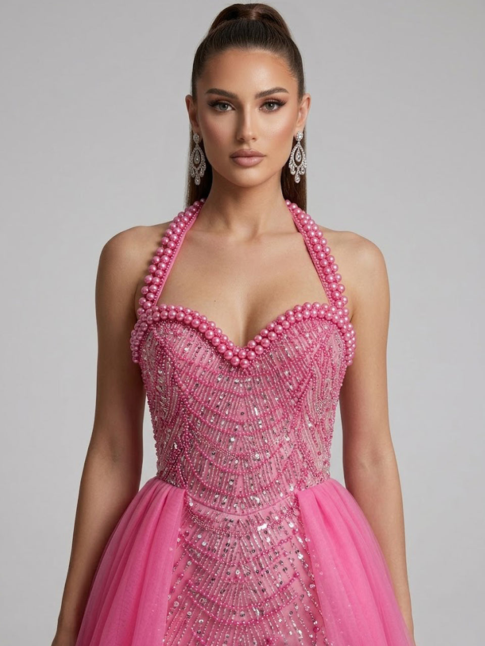 Fuchsia Crystal Embellished Pageant Gown High Slit Tulle Skirt MY30111-2
