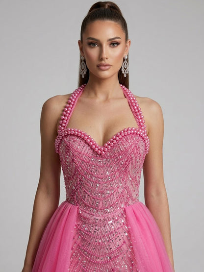 Fuchsia Crystal Embellished Pageant Gown High Slit Tulle Skirt MY30111-2