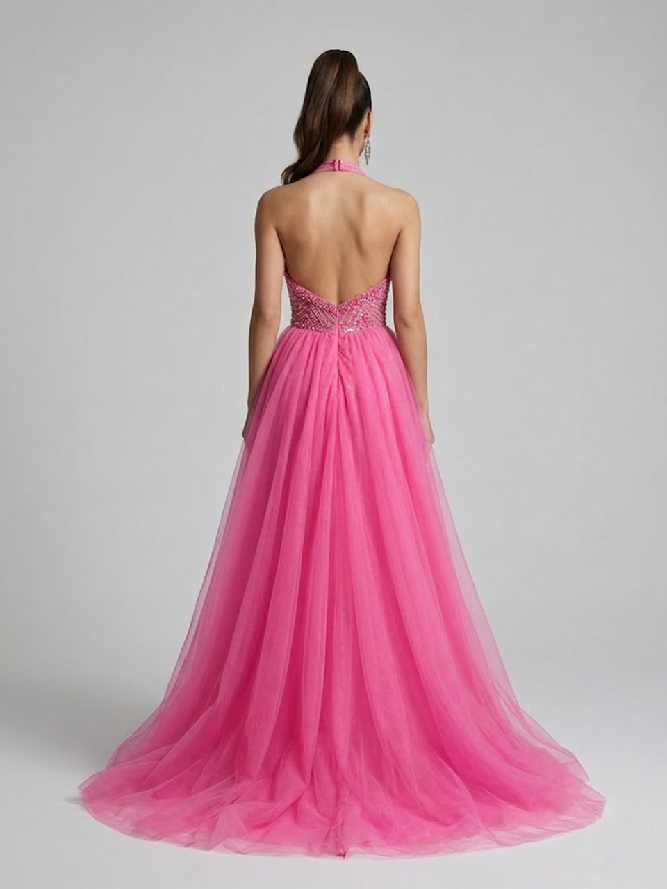 Fuchsia Crystal Embellished Pageant Gown High Slit Tulle Skirt MY30111-2