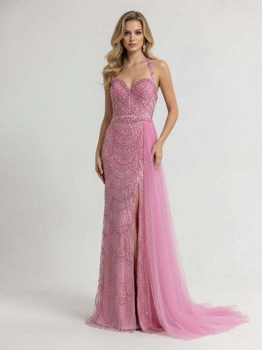 Fuscia Sequin Halter Mermaid Prom Dress High Slit Luxury Beaded Evening Gown MY30111