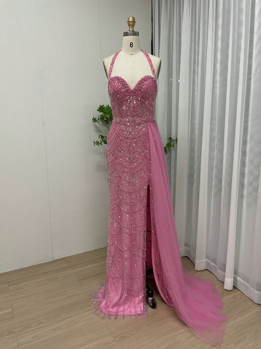 Fuscia Sequin Halter Mermaid Prom Dress High Slit Luxury Beaded Evening Gown MY30111