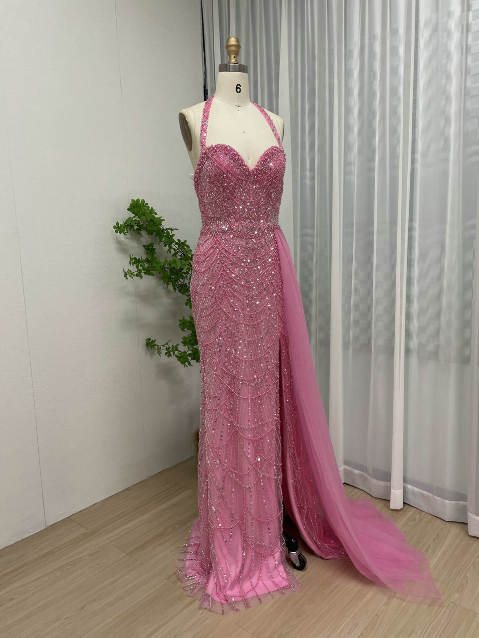 Fuscia Sequin Halter Mermaid Prom Dress High Slit Luxury Beaded Evening Gown MY30111