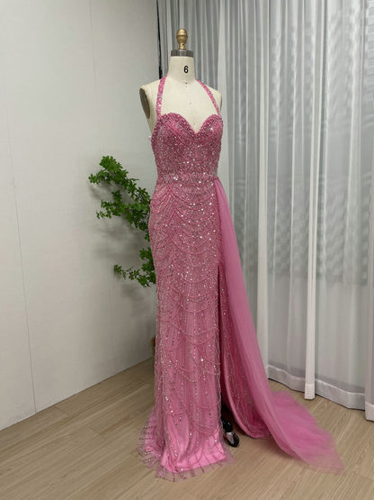 Fuscia Sequin Halter Mermaid Prom Dress High Slit Luxury Beaded Evening Gown MY30111