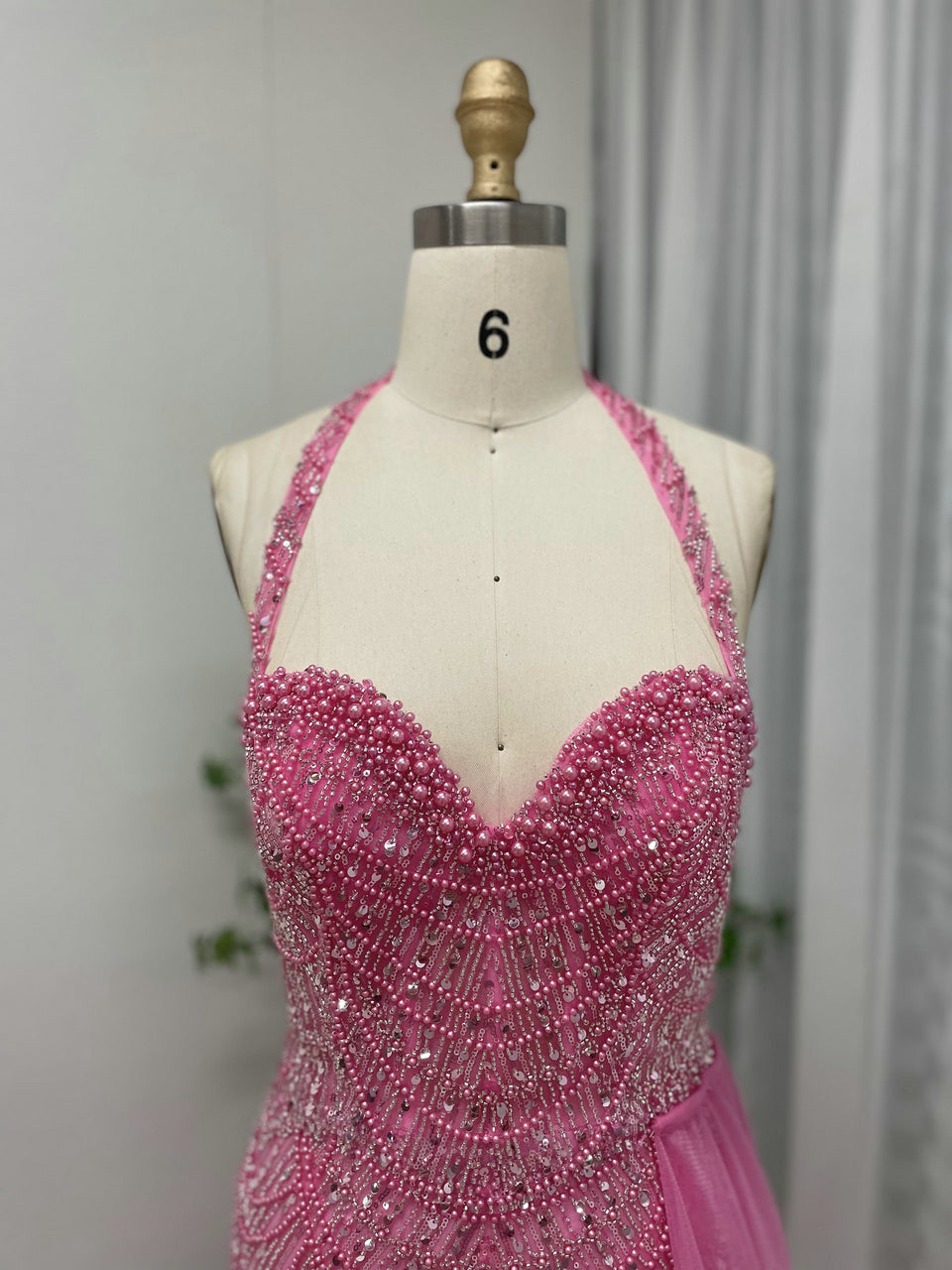 Fuscia Sequin Halter Mermaid Prom Dress High Slit Luxury Beaded Evening Gown MY30111