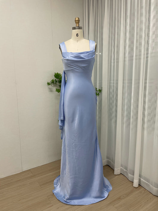 Elegant Light Blue Satin Cowl Neck Prom Dress Open Back Mermaid Gown MY30112