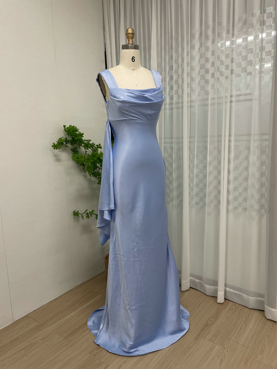 Elegant Light Blue Satin Cowl Neck Prom Dress Open Back Mermaid Gown MY30112
