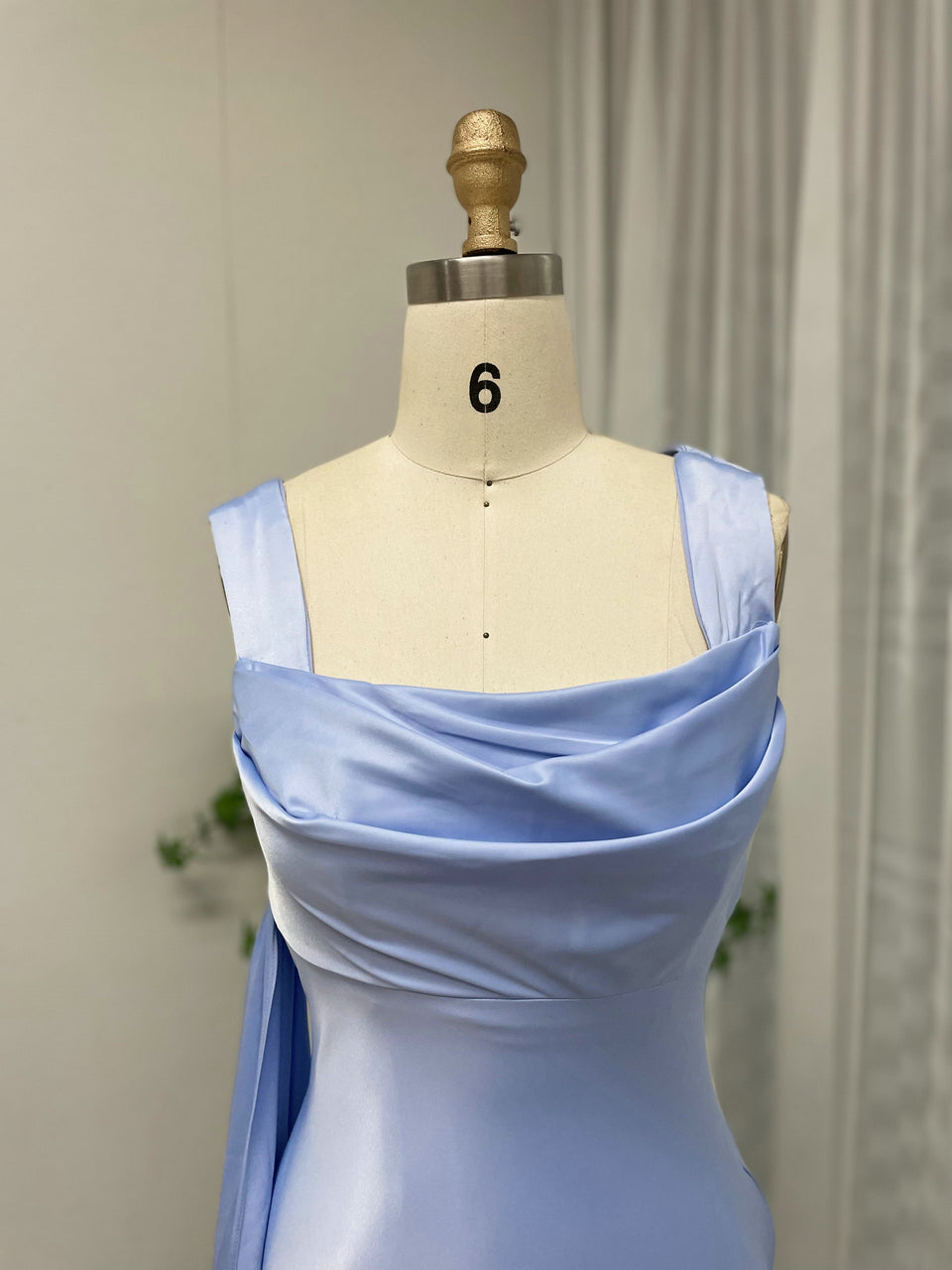 Elegant Light Blue Satin Cowl Neck Prom Dress Open Back Mermaid Gown MY30112