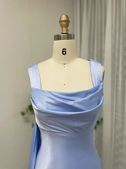 Elegant Light Blue Satin Cowl Neck Prom Dress Open Back Mermaid Gown MY30112