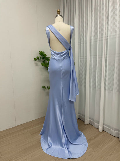 Elegant Light Blue Satin Cowl Neck Prom Dress Open Back Mermaid Gown MY30112