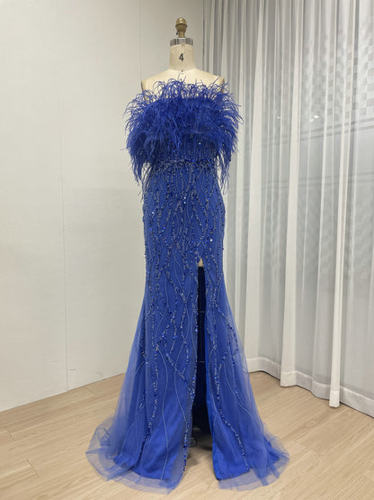 Mermaid Prom Gown Sequins & Feathers Off-Shoulder Formal Party Dress MY30114