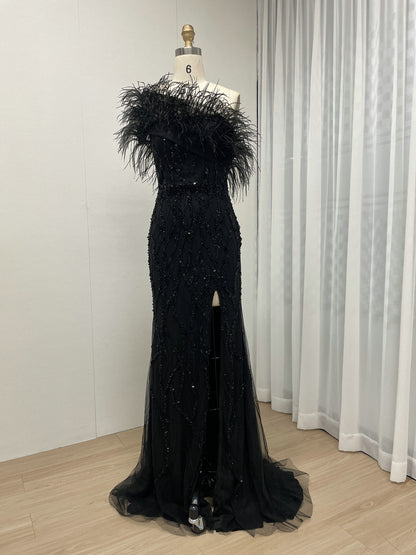 Mermaid Prom Gown Sequins & Feathers Off-Shoulder Formal Party Dress MY30114