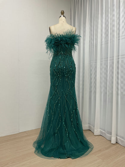 Mermaid Prom Gown Sequins & Feathers Off-Shoulder Formal Party Dress MY30114