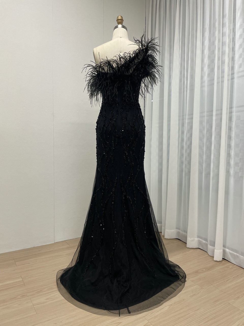 Mermaid Prom Gown Sequins & Feathers Off-Shoulder Formal Party Dress MY30114