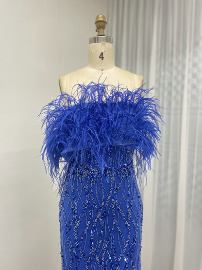 Mermaid Prom Gown Sequins & Feathers Off-Shoulder Formal Party Dress MY30114