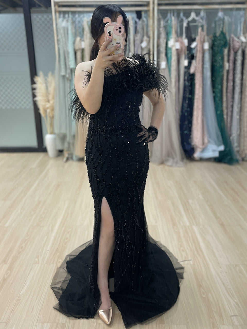 Mermaid Prom Gown Sequins & Feathers Off-Shoulder Formal Party Dress MY30114