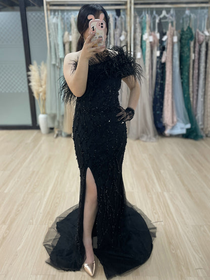 Mermaid Prom Gown Sequins & Feathers Off-Shoulder Formal Party Dress MY30114