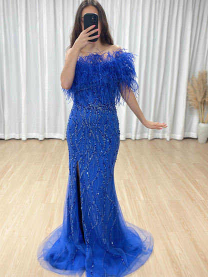 Mermaid Prom Gown Sequins & Feathers Off-Shoulder Formal Party Dress MY30114