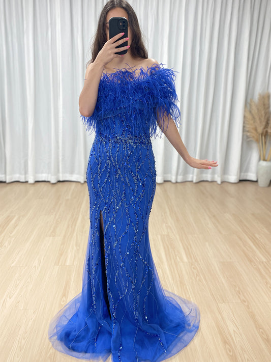 Mermaid Prom Gown Sequins & Feathers Off-Shoulder Formal Party Dress MY30114