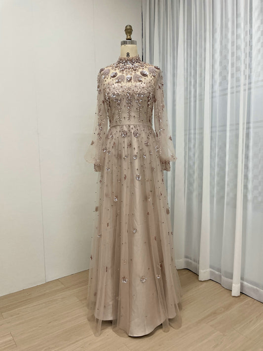 Long Sleeve Evening Dress Sequin Floral Embellished Prom Gown MY30117