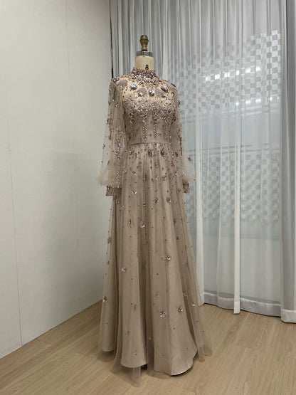 Long Sleeve Evening Dress Sequin Floral Embellished Prom Gown MY30117
