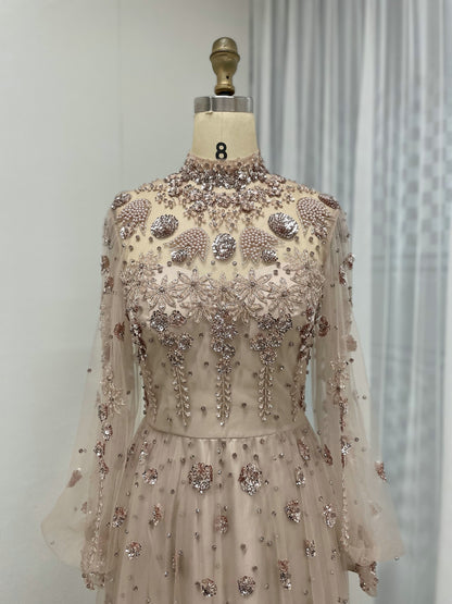 Long Sleeve Evening Dress Sequin Floral Embellished Prom Gown MY30117