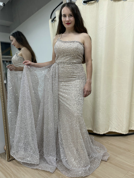 Shimmer Beaded Nude Pink Mermaid Spaghetti Strap Formal Gown MY30121