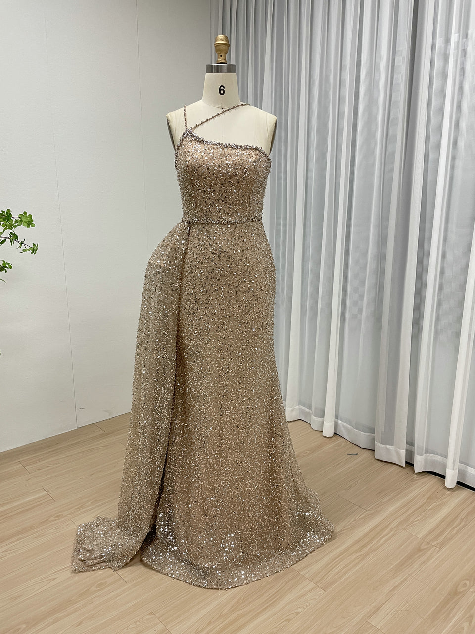 Shimmer Beaded Nude Pink Mermaid Spaghetti Strap Formal Gown MY30121