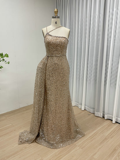 Shimmer Beaded Nude Pink Mermaid Spaghetti Strap Formal Gown MY30121