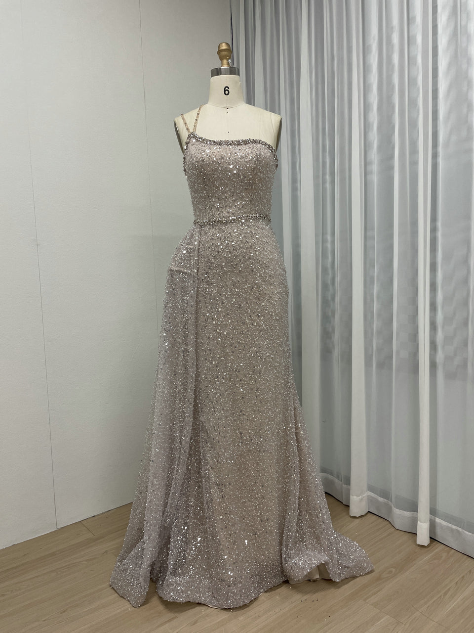 Shimmer Beaded Nude Pink Mermaid Spaghetti Strap Formal Gown MY30121