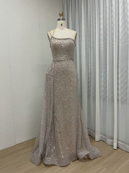 Shimmer Beaded Nude Pink Mermaid Spaghetti Strap Formal Gown MY30121