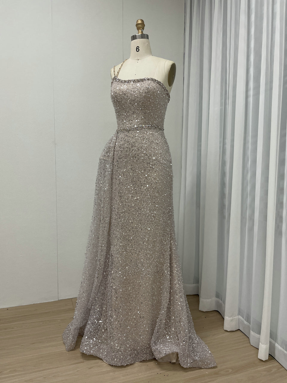 Shimmer Beaded Nude Pink Mermaid Spaghetti Strap Formal Gown MY30121