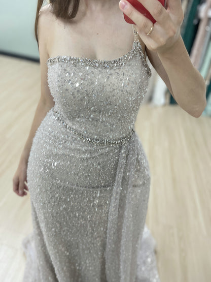 Shimmer Beaded Nude Pink Mermaid Spaghetti Strap Formal Gown MY30121