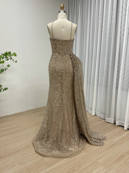 Shimmer Beaded Nude Pink Mermaid Spaghetti Strap Formal Gown MY30121