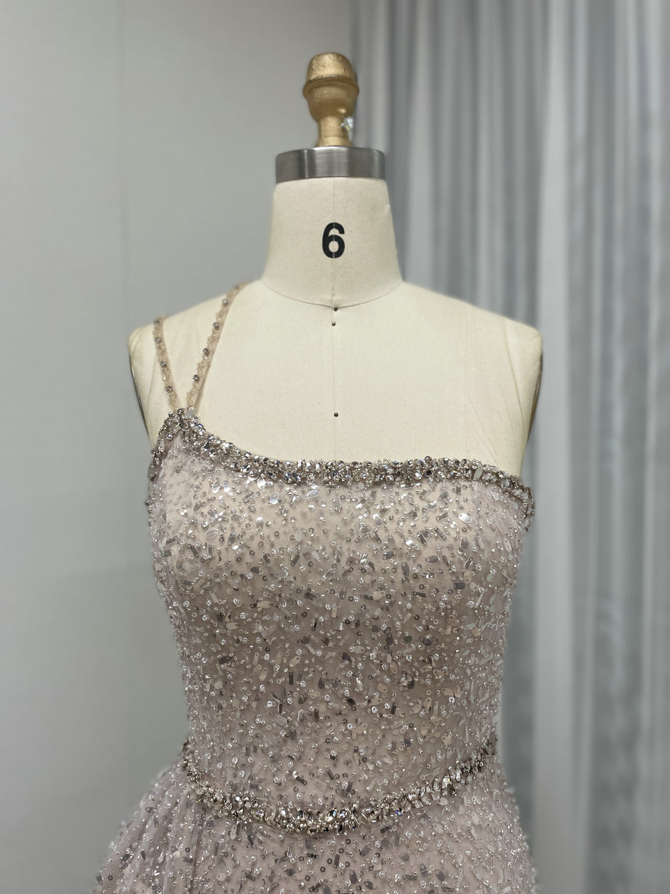 Shimmer Beaded Nude Pink Mermaid Spaghetti Strap Formal Gown MY30121